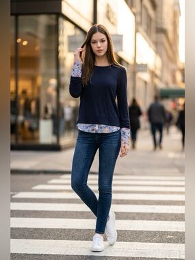 Bailey/44 Navy Crewneck Mixed Media poplin print hem and cuffs Top